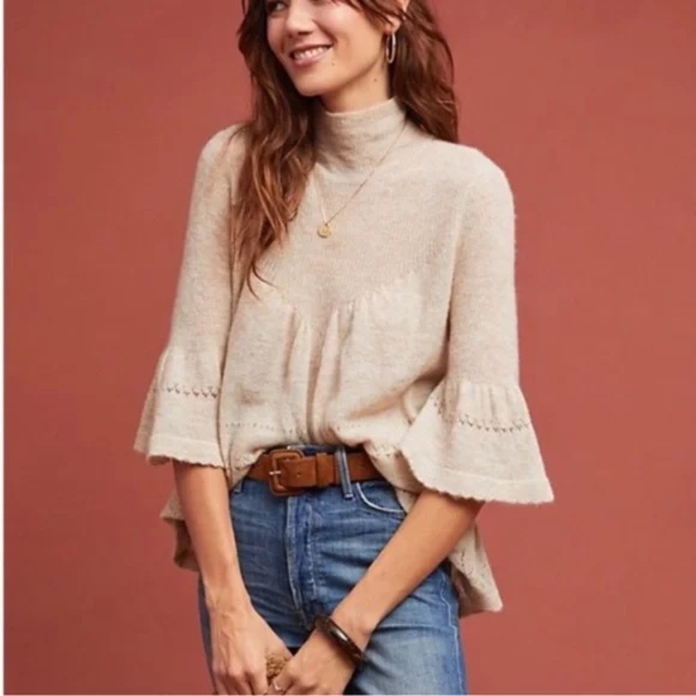 Feather Bone‎ Anthropologie Merino Wool Baby Alpaca Bell Sleeve Sweater Beige S